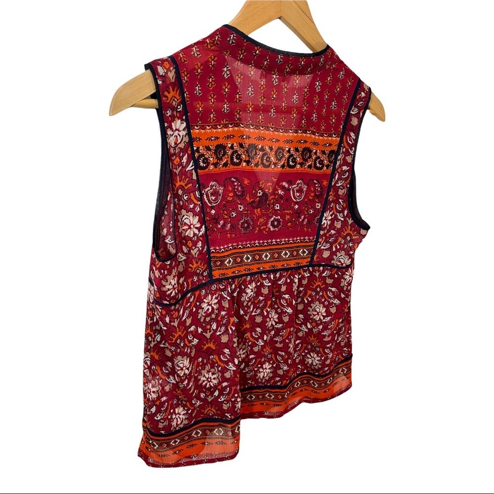 LUCKY BRAND BOHO FLORAL V-NECK RED ORANGE SLEEVELESS SHEER BLOUSE SIZE SMALL - Picture 9 of 16